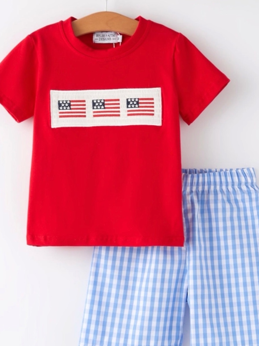 Red Short-Sleeve Kids Smocked Tee with Flag Patch